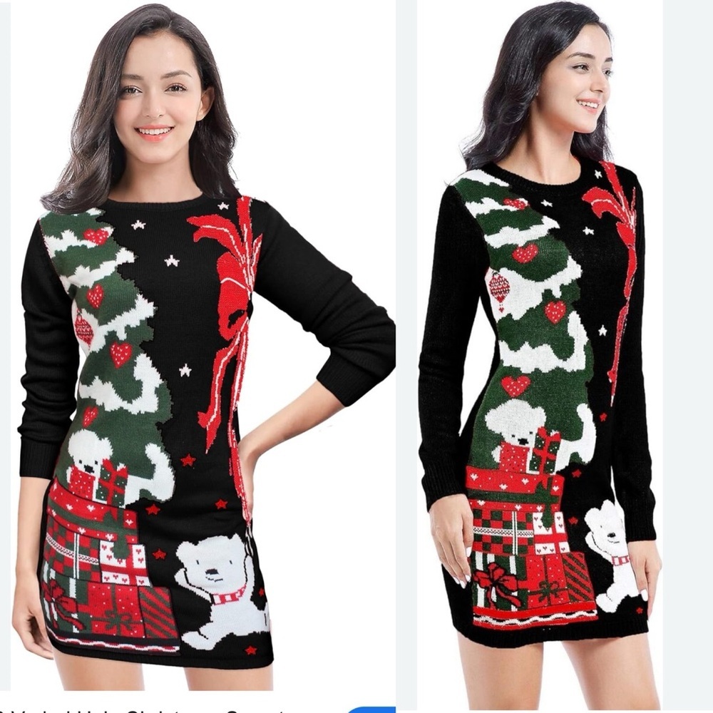 Ugly Christmas Sweater Knit Dress Teddy Bear Christmas Tree Medium